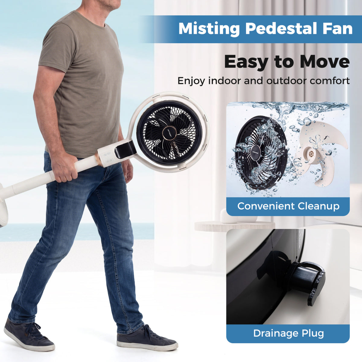 Misting Pedestal Fan Air Circulator with 90Â° Auto Oscillation Floor Standing Fan with 8 Speeds-White
