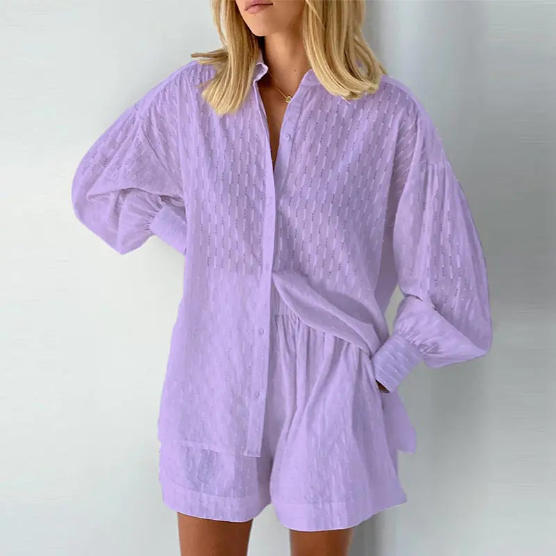 Lantern Sleeve Loose Shirt and Short Set 2 Piece Outfits