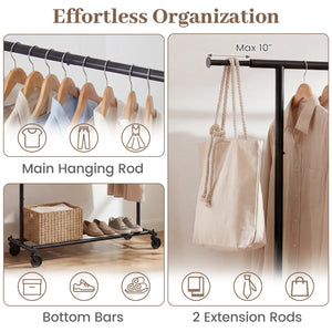 Mobile Garment Rack with Extendable Rods Heavy-Duty Metal Clothes Stand on Wheels