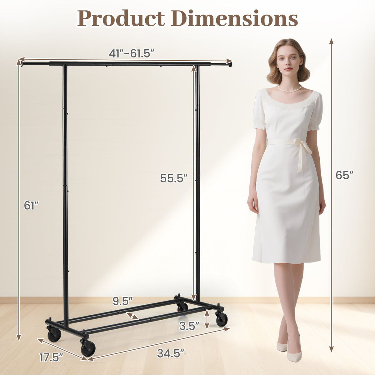 Mobile Garment Rack with Extendable Rods Heavy-Duty Metal Clothes Stand on Wheels