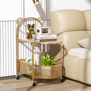 2-Tier Mobile Glass Coffee Table with Bear Pattern-Golden