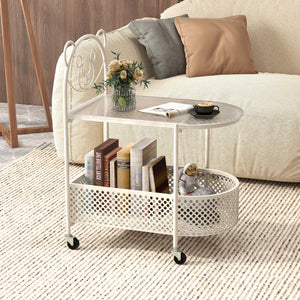 2-Tier Mobile Glass Coffee Table with Bear Pattern-White