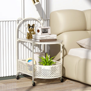 2-Tier Mobile Glass Coffee Table with Bear Pattern-White