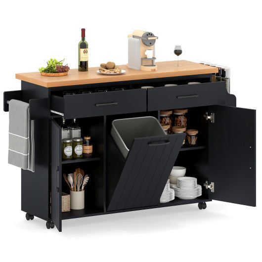 Mobile Kitchen Island Table with Trash Bag Storage for Dining Room-Black
