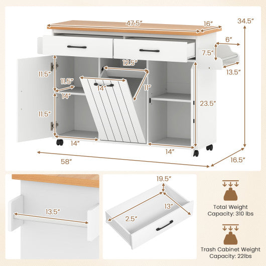 Mobile Kitchen Island Table with Trash Bag Storage for Dining Room-White