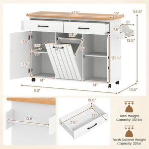 Mobile Kitchen Island Table with Trash Bag Storage for Dining Room-White