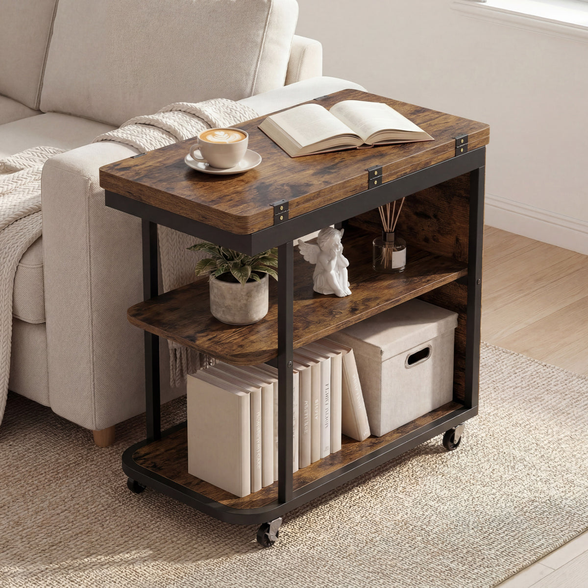 Mobile Night Stand with Foldable Swivel Top and 2-Tier Shelf for Small Spaces-Rustic Brown