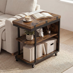 Mobile Night Stand with Foldable Swivel Top and 2-Tier Shelf for Small Spaces-Rustic Brown