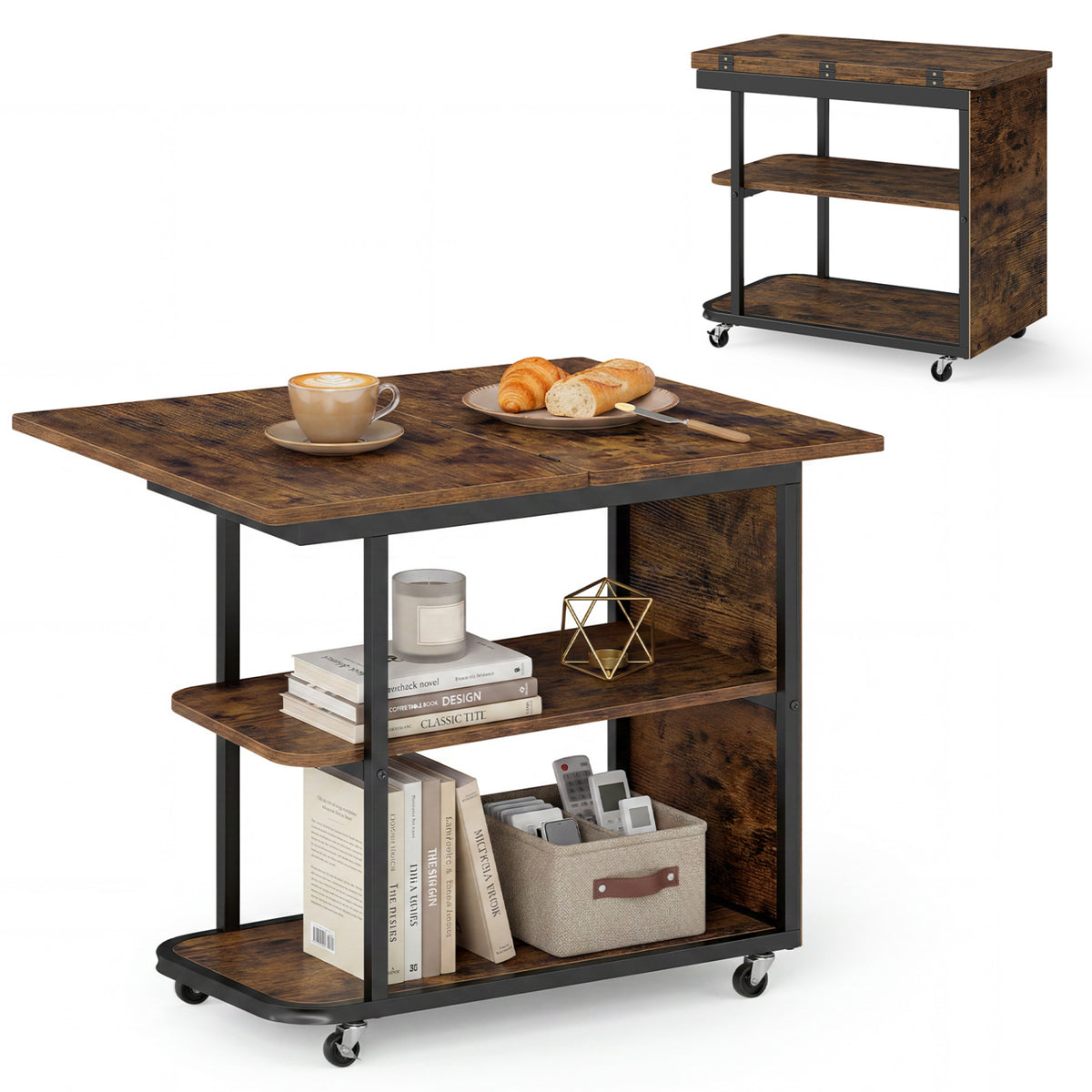 Mobile Night Stand with Foldable Swivel Top and 2-Tier Shelf for Small Spaces-Rustic Brown