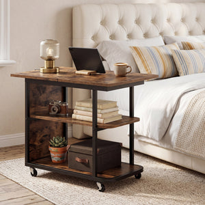 Mobile Night Stand with Foldable Swivel Top and 2-Tier Shelf for Small Spaces-Rustic Brown