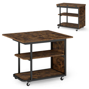 Mobile Night Stand with Foldable Swivel Top and 2-Tier Shelf for Small Spaces-Rustic Brown