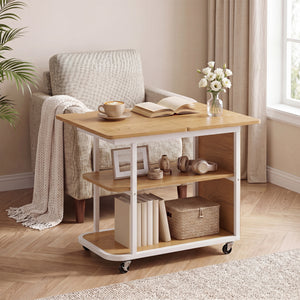 Mobile Night Stand with Foldable Swivel Top and 2-Tier Shelf for Small Spaces-Natural