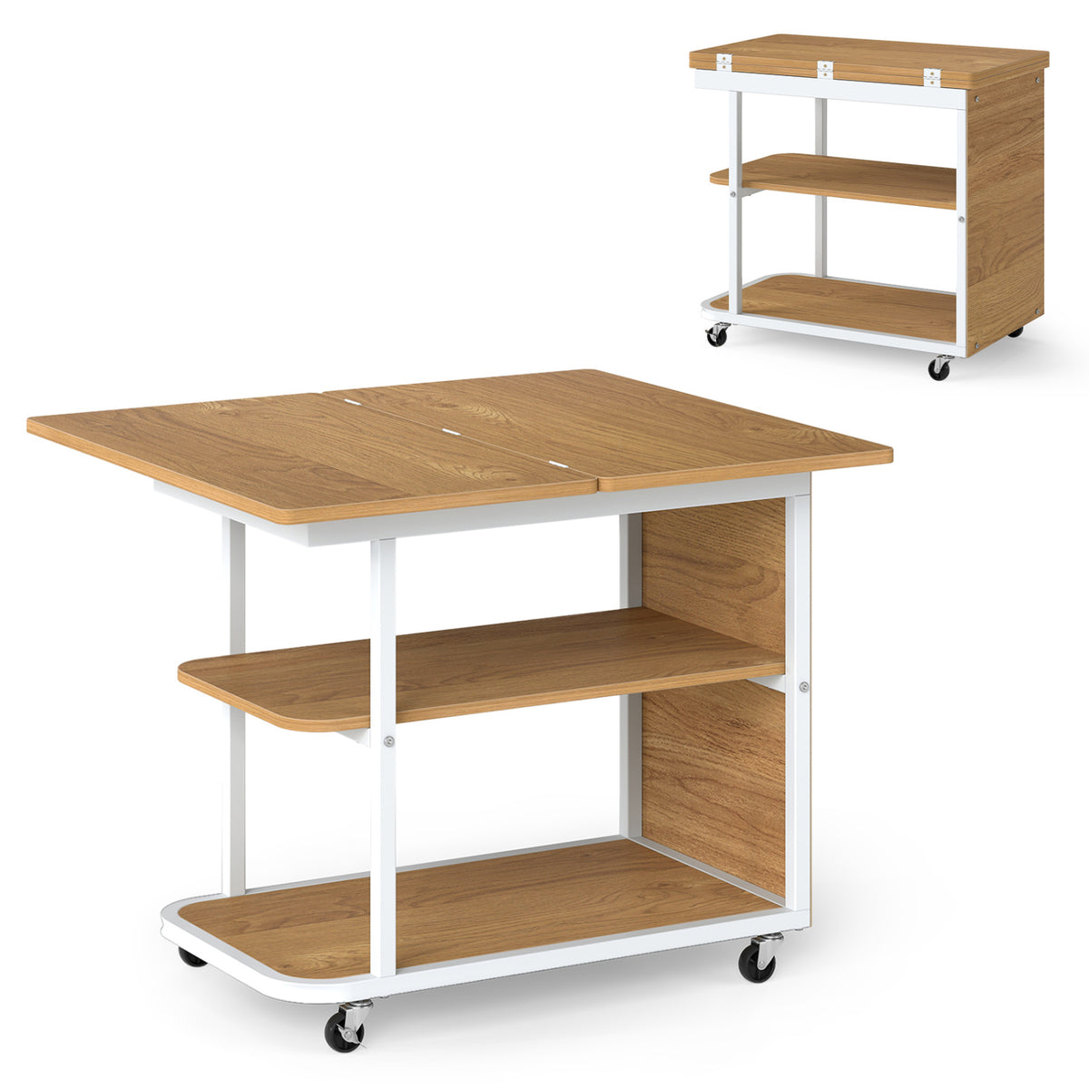 Mobile Night Stand with Foldable Swivel Top and 2-Tier Shelf for Small Spaces-Natural