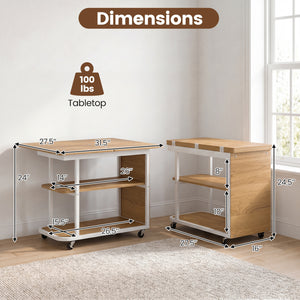 Mobile Night Stand with Foldable Swivel Top and 2-Tier Shelf for Small Spaces-Natural