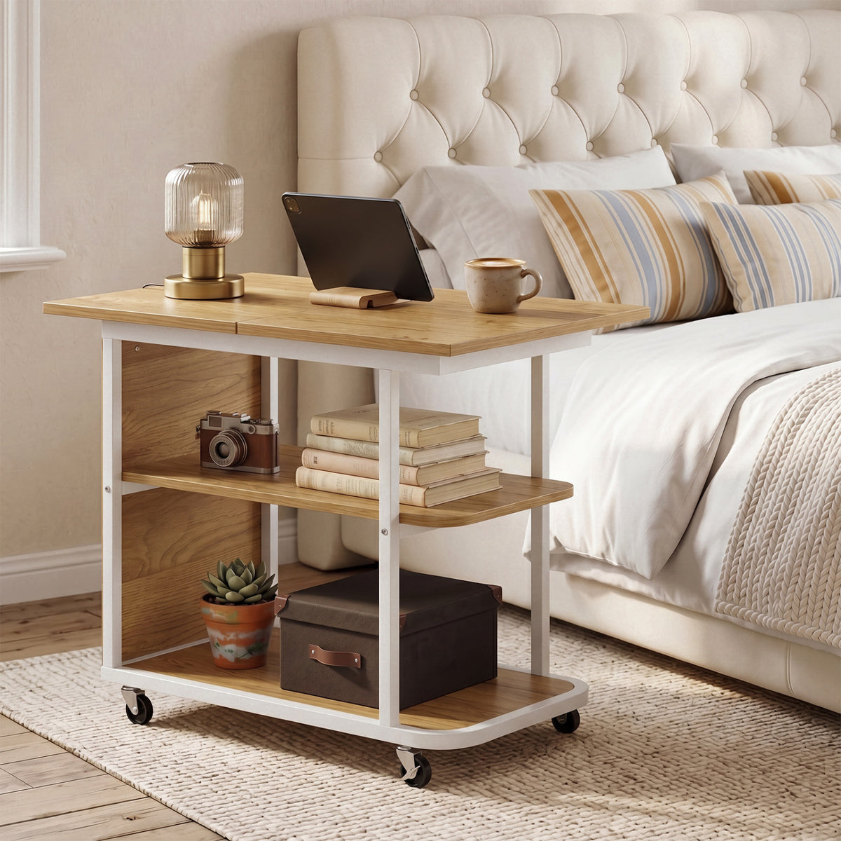 Mobile Night Stand with Foldable Swivel Top and 2-Tier Shelf for Small Spaces-Natural