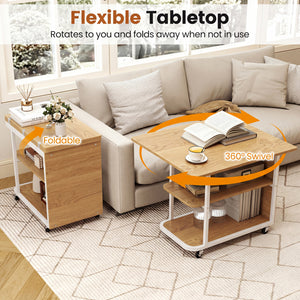 Mobile Night Stand with Foldable Swivel Top and 2-Tier Shelf for Small Spaces-Natural