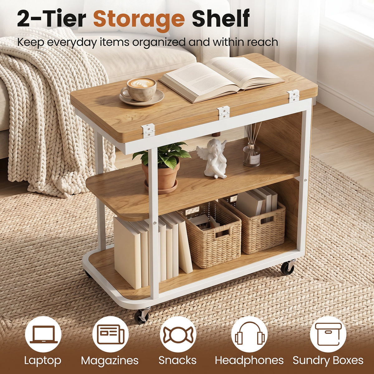 Mobile Night Stand with Foldable Swivel Top and 2-Tier Shelf for Small Spaces-Natural