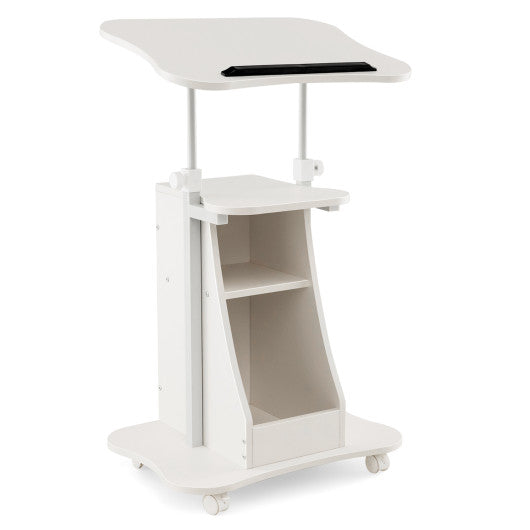Mobile Podium Stand Height Adjustable Laptop Cart with Tilting Tabletop and Storage Compartments-White
