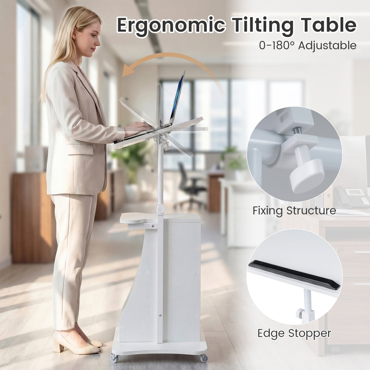 Mobile Podium Stand Height Adjustable Laptop Cart with Tilting Tabletop and Storage Compartments-White