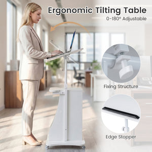 Mobile Podium Stand Height Adjustable Laptop Cart with Tilting Tabletop and Storage Compartments-White