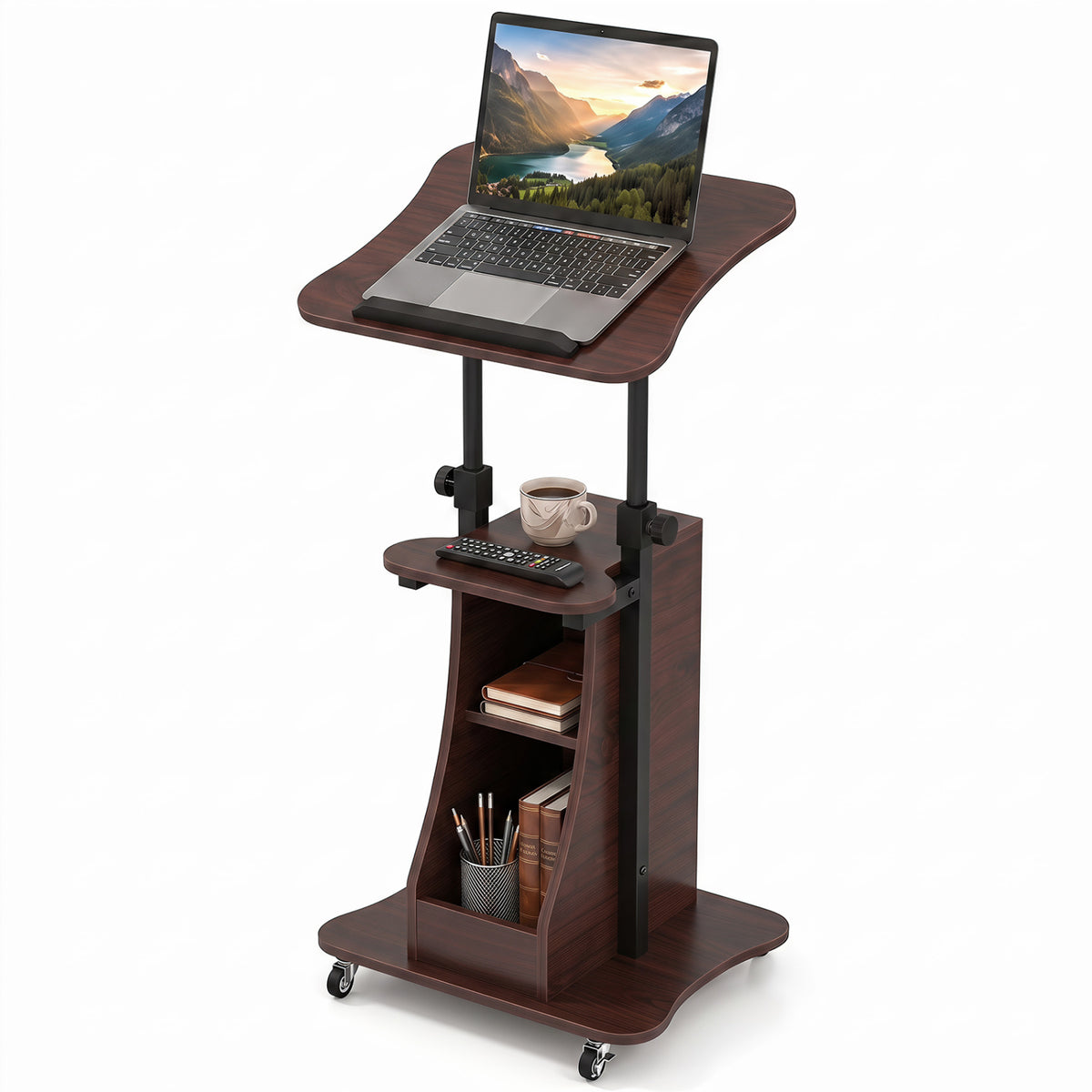 Mobile Podium Stand Height Adjustable Laptop Cart with Tilting Tabletop and Storage Compartments-Brown