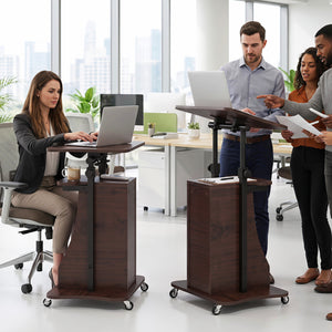 Mobile Podium Stand Height Adjustable Laptop Cart with Tilting Tabletop and Storage Compartments-Brown