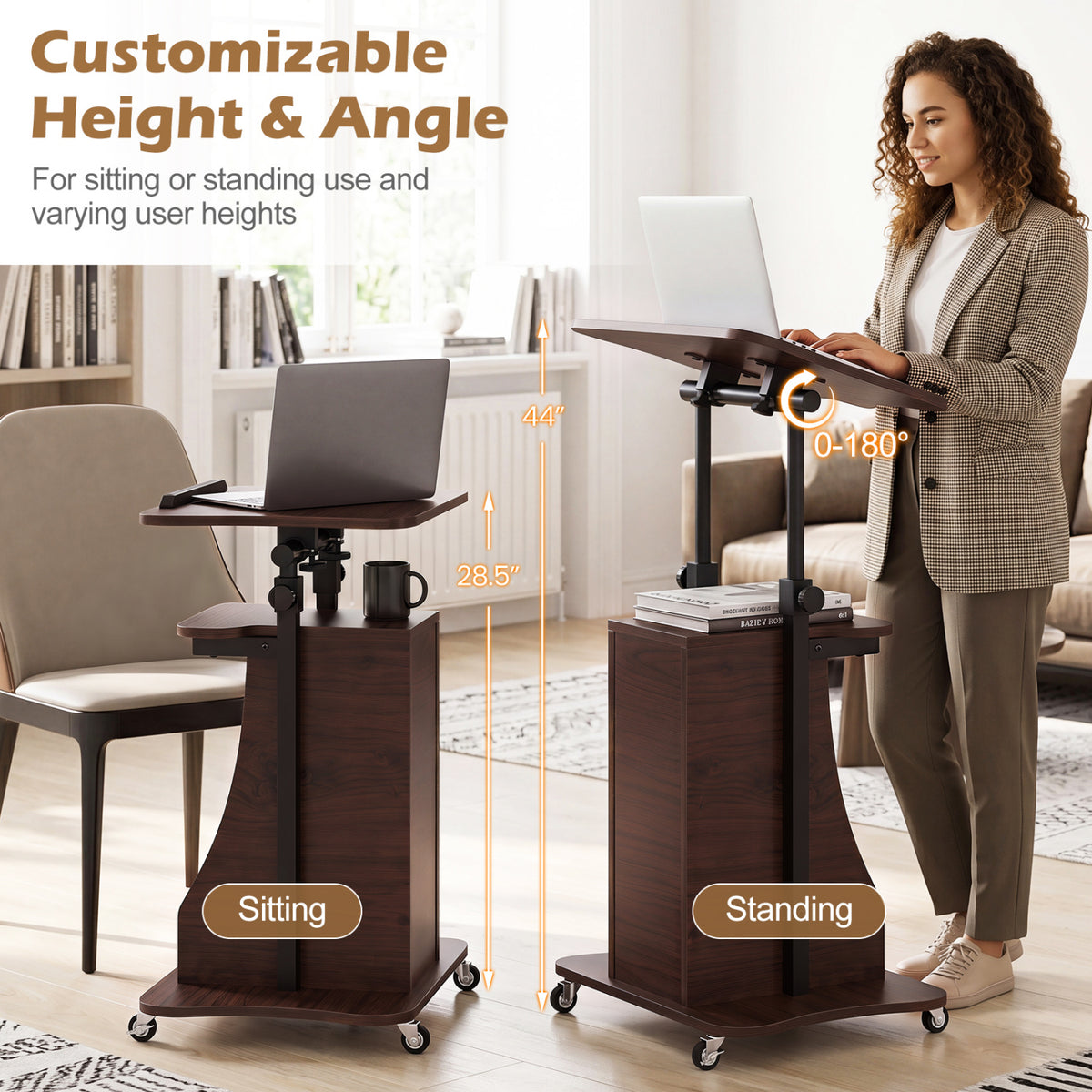 Mobile Podium Stand Height Adjustable Laptop Cart with Tilting Tabletop and Storage Compartments-Brown