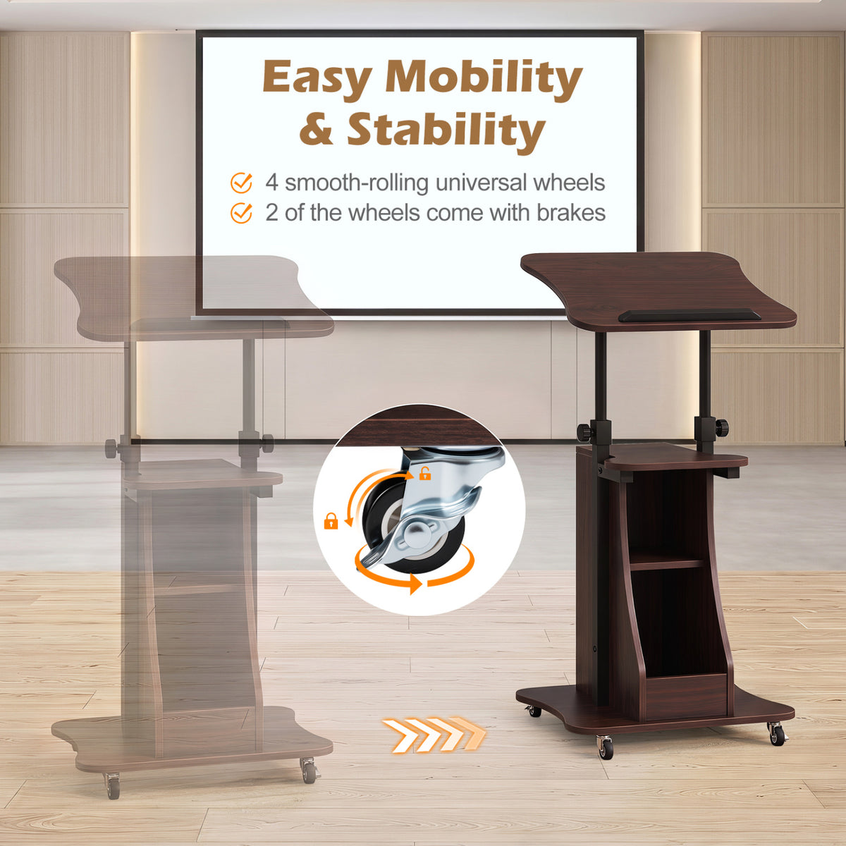 Mobile Podium Stand Height Adjustable Laptop Cart with Tilting Tabletop and Storage Compartments-Brown