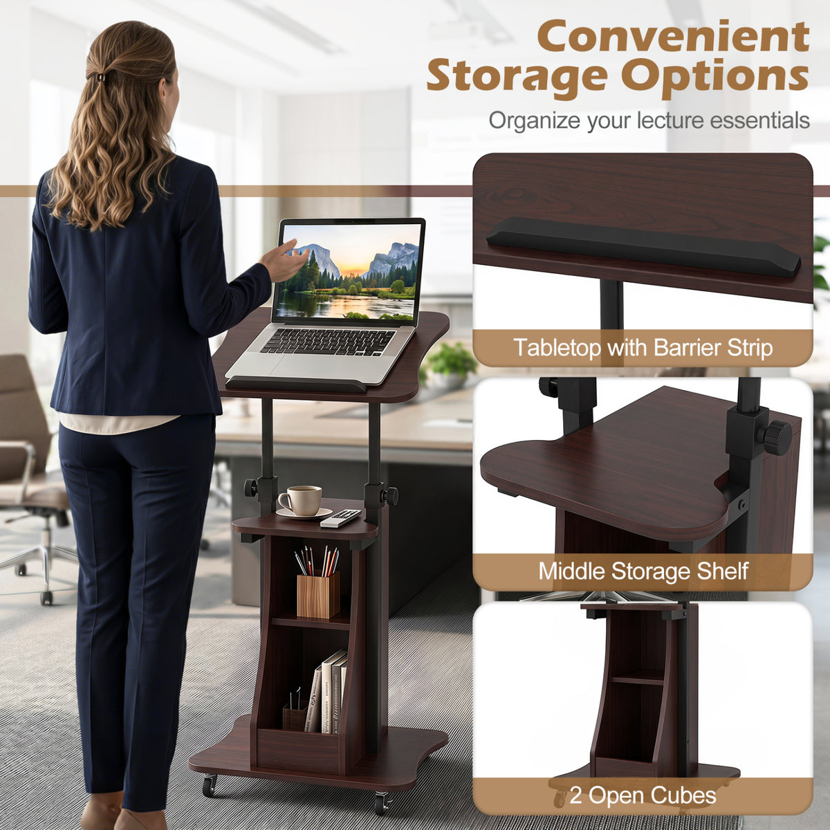 Mobile Podium Stand Height Adjustable Laptop Cart with Tilting Tabletop and Storage Compartments-Brown