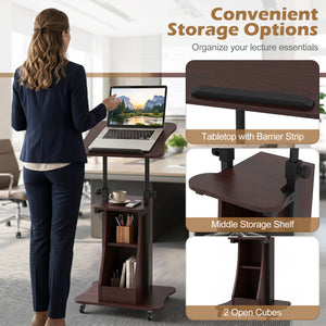 Mobile Podium Stand Height Adjustable Laptop Cart with Tilting Tabletop and Storage Compartments-Brown