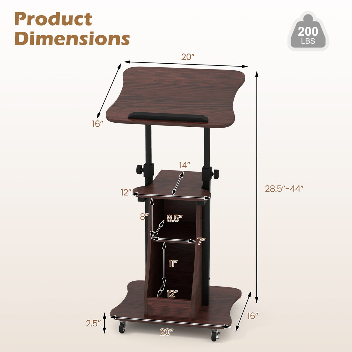 Mobile Podium Stand Height Adjustable Laptop Cart with Tilting Tabletop and Storage Compartments-Brown
