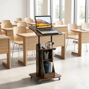 Mobile Podium Stand Height Adjustable Laptop Cart with Tilting Tabletop and Storage Compartments-Rustic Brown