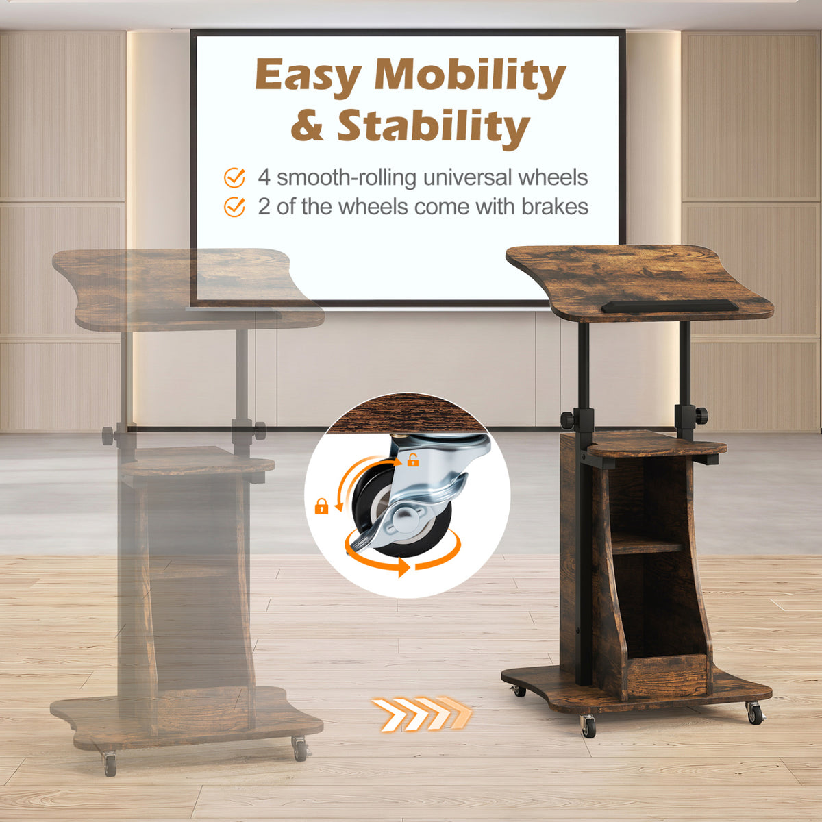 Mobile Podium Stand Height Adjustable Laptop Cart with Tilting Tabletop and Storage Compartments-Rustic Brown