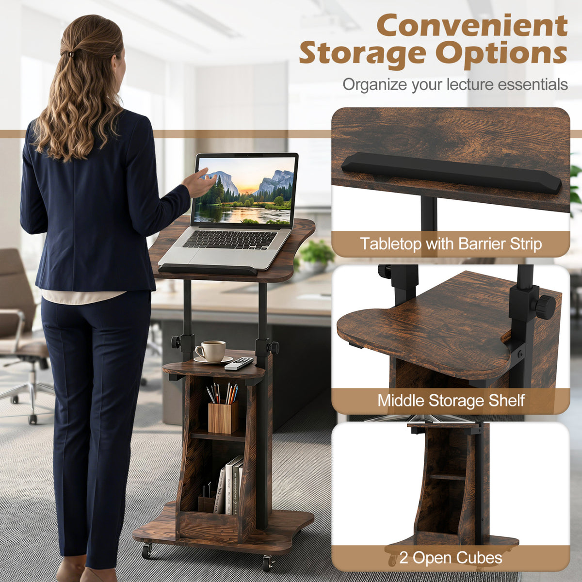 Mobile Podium Stand Height Adjustable Laptop Cart with Tilting Tabletop and Storage Compartments-Rustic Brown