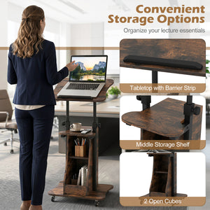 Mobile Podium Stand Height Adjustable Laptop Cart with Tilting Tabletop and Storage Compartments-Rustic Brown