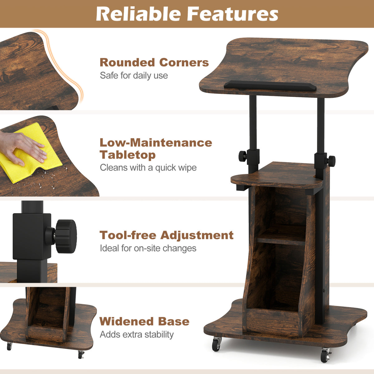 Mobile Podium Stand Height Adjustable Laptop Cart with Tilting Tabletop and Storage Compartments-Rustic Brown