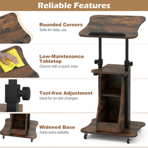 Mobile Podium Stand Height Adjustable Laptop Cart with Tilting Tabletop and Storage Compartments-Rustic Brown
