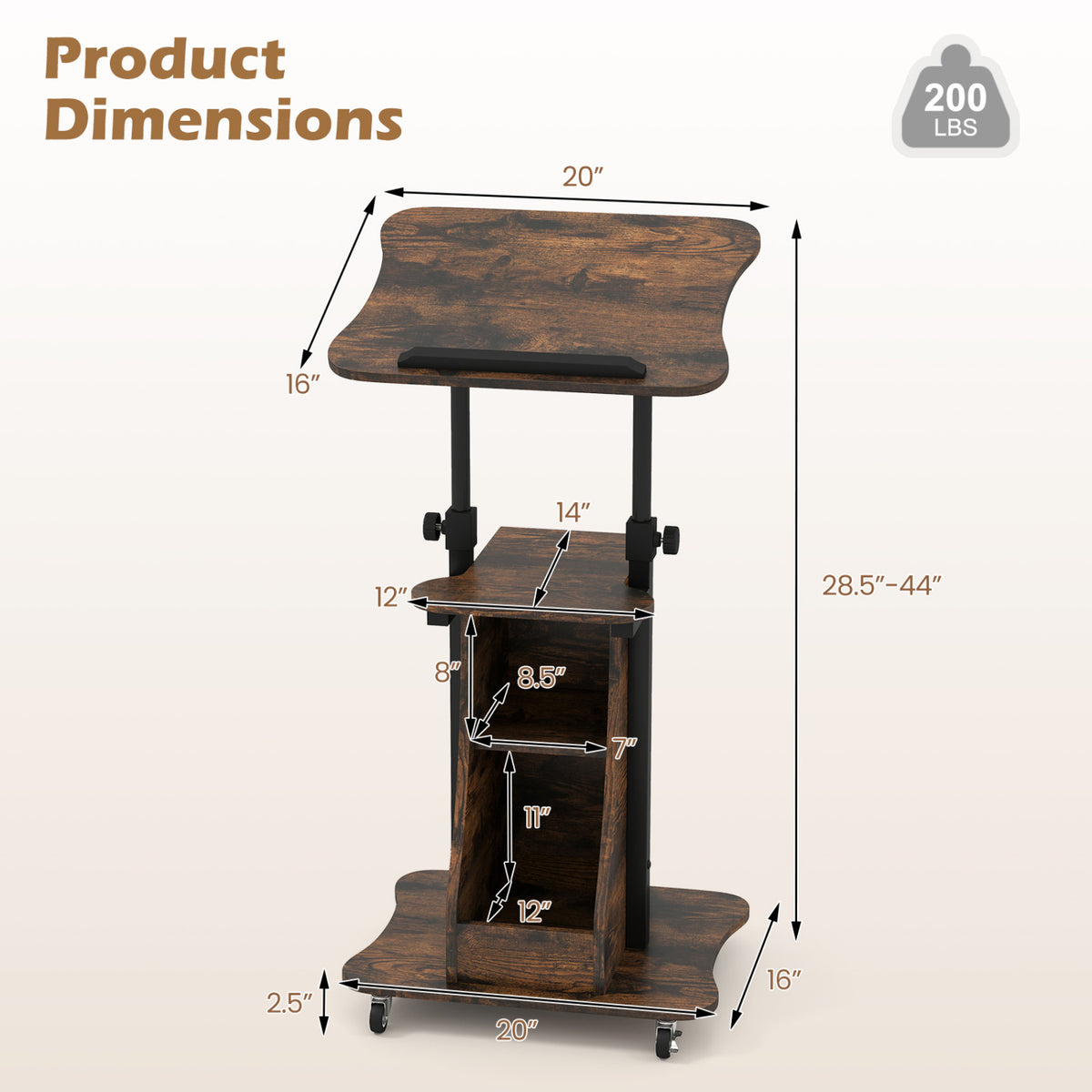 Mobile Podium Stand Height Adjustable Laptop Cart with Tilting Tabletop and Storage Compartments-Rustic Brown