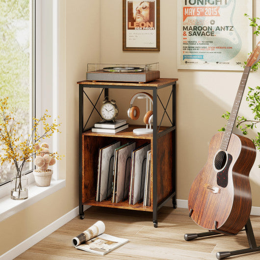 Mobile Record Player Stand with Power Outlet with Open Shelf and Dividers-Rustic Brown