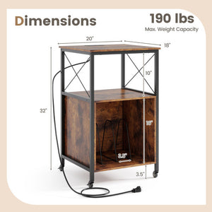 Mobile Record Player Stand with Power Outlet with Open Shelf and Dividers-Rustic Brown