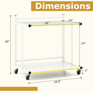 Mobile Side Table 2-Tier Rolling End Table with Open Shelves & Golden Trimmed Edges-White