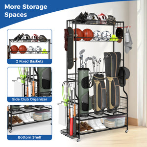 Mobile Sports Equipment Organizer with Golf Bags Storage and Club Rack-Black