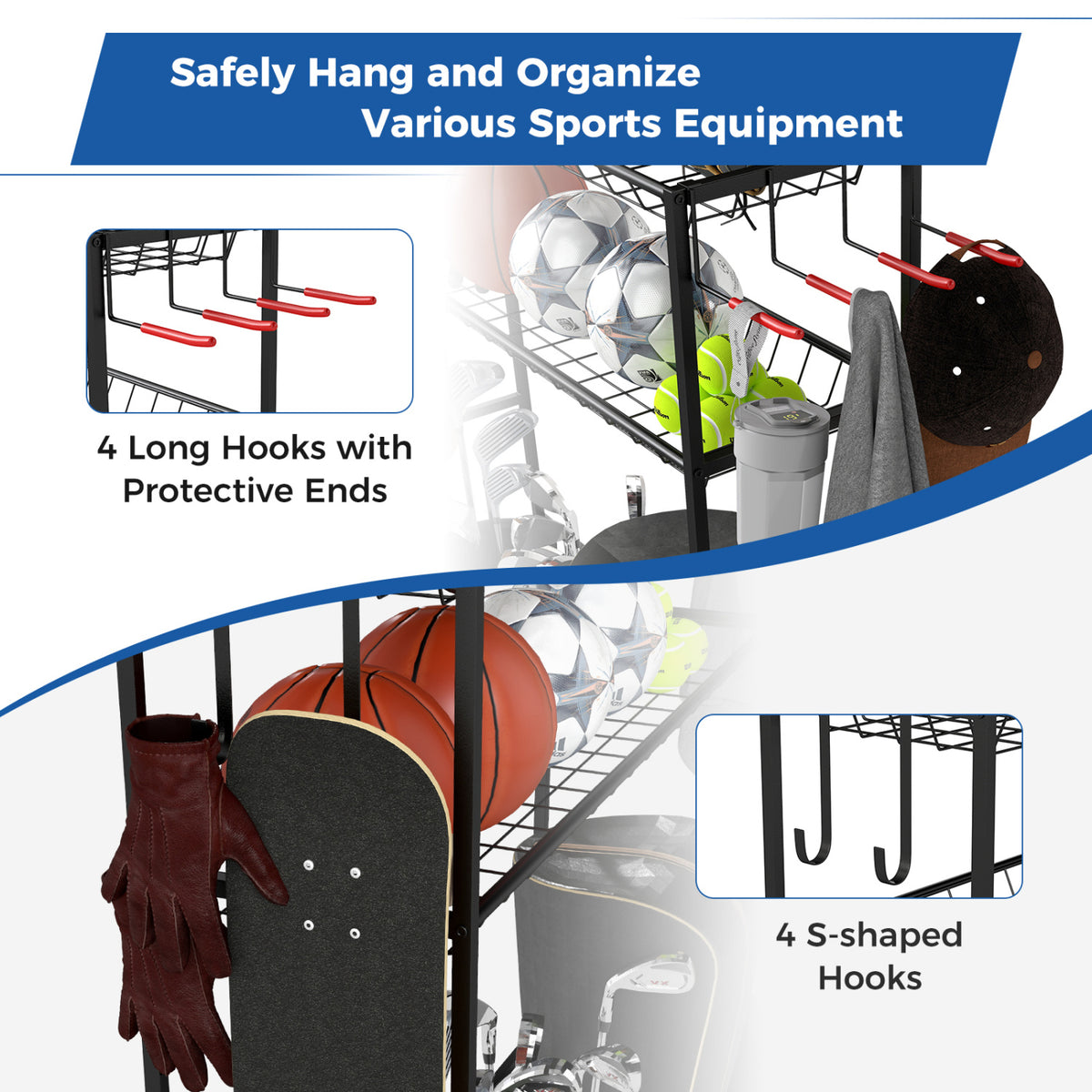 Mobile Sports Equipment Organizer with Golf Bags Storage and Club Rack-Black