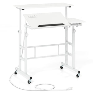 Mobile Stand-up Computer Desk Adjustable with 2 Tilting Desktops-White