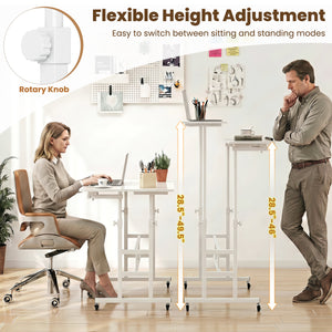Mobile Stand-up Computer Desk Adjustable with 2 Tilting Desktops-White