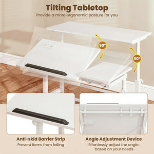 Mobile Stand-up Computer Desk Adjustable with 2 Tilting Desktops-White