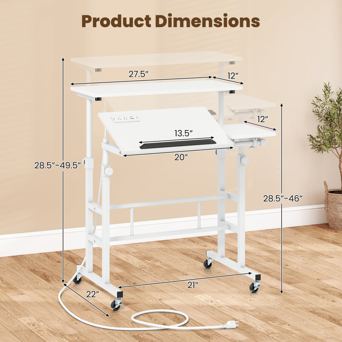 Mobile Stand-up Computer Desk Adjustable with 2 Tilting Desktops-White