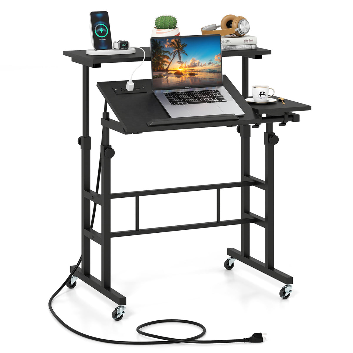 Mobile Stand-up Computer Desk Adjustable with 2 Tilting Desktops-Black