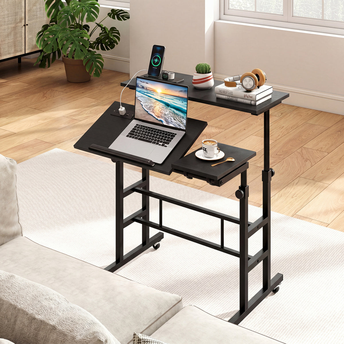 Mobile Stand-up Computer Desk Adjustable with 2 Tilting Desktops-Black