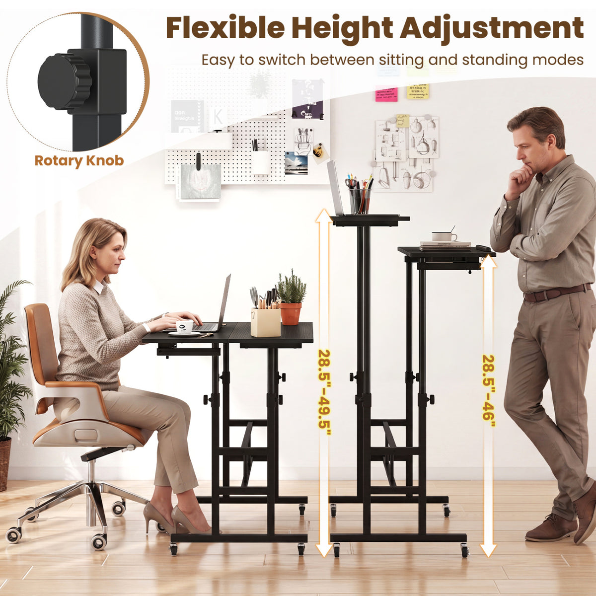 Mobile Stand-up Computer Desk Adjustable with 2 Tilting Desktops-Black
